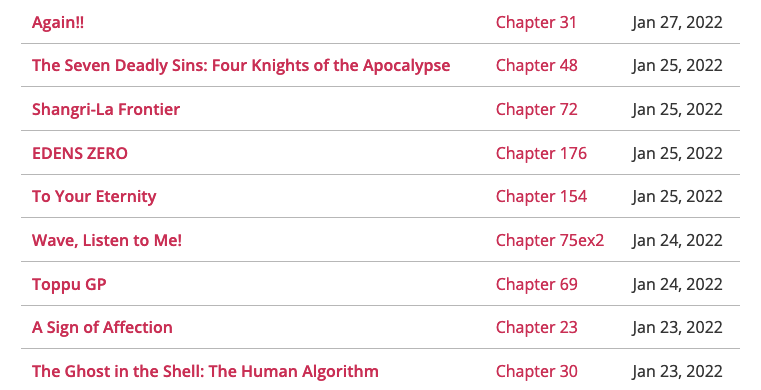 A list of new chapters for series like EDENS ZERO, To Your Eternity, and A Sign of Affection with release dates.