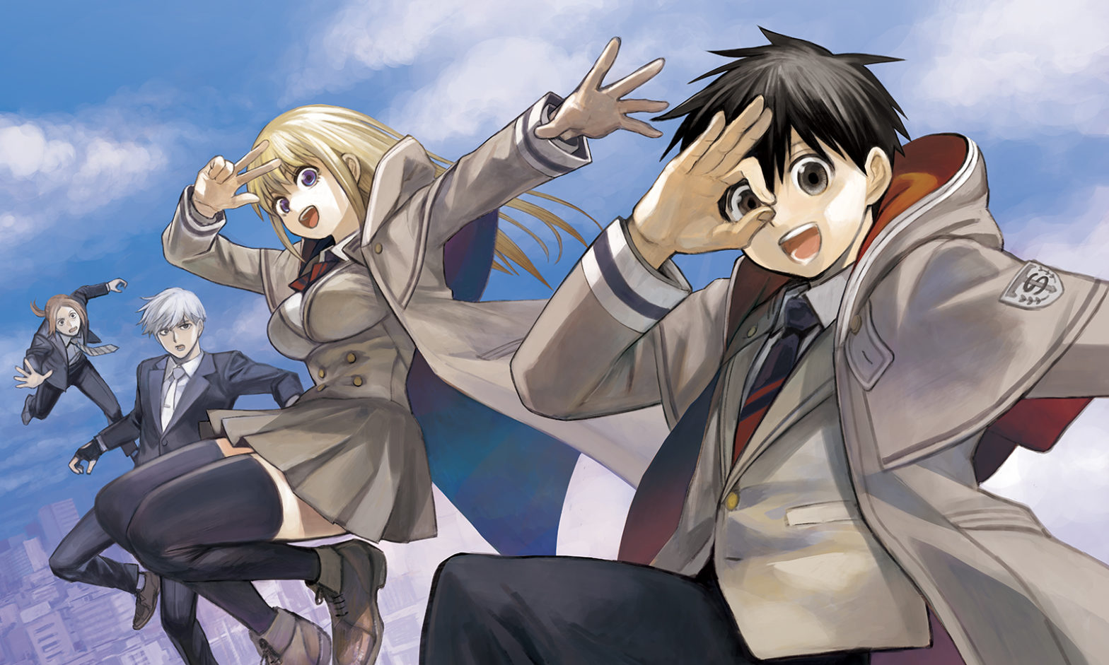 The cast of The World of Summoning jumping in the air. There’s a young high school boy and girl and two young men in suits.